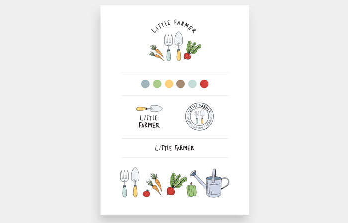 Little farmer brand board with colours, logos and brand illustrations