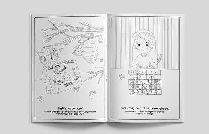 example of colouring book illustrations & page design